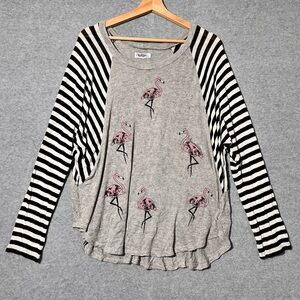 Lauren Moshi Oversized Whimsigoth Boho Sweater Flamingo Black Stripes Wm M/L